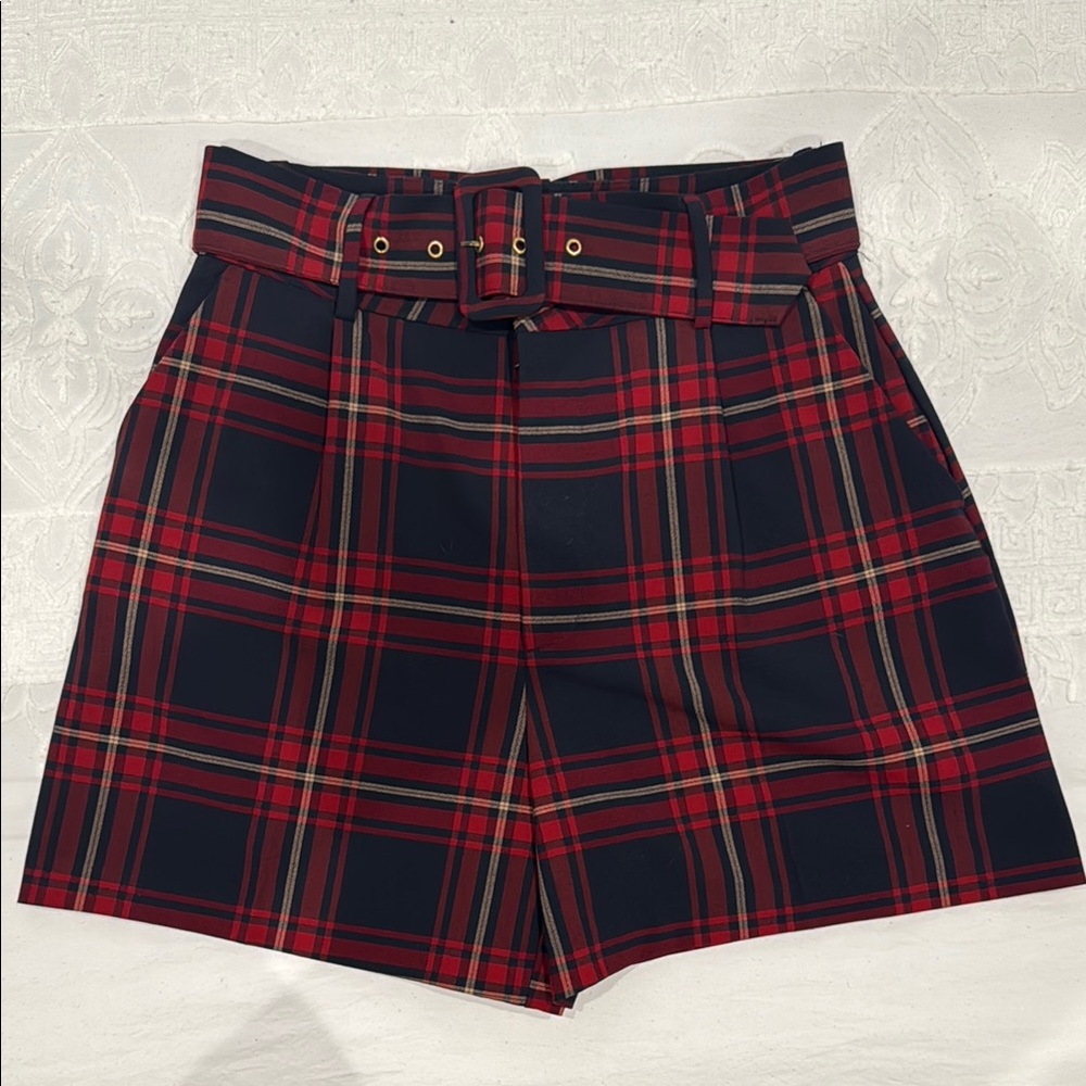 Zara High Waist Plaid Shorts in Red and Blue